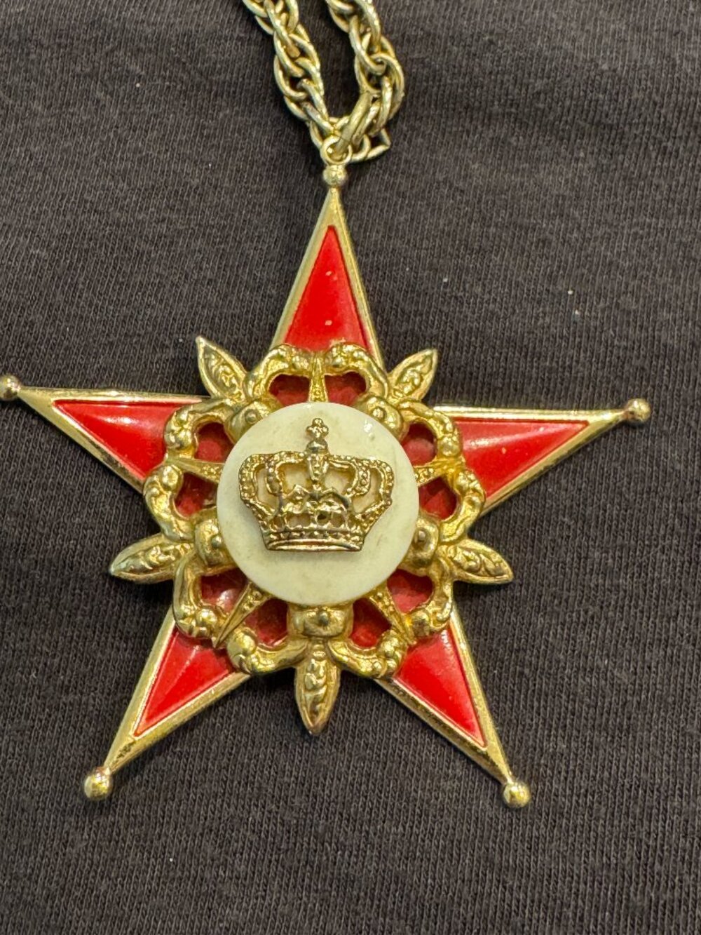 Vintage Coro Red Enamel Crown Maltese Cross Necklace Signed